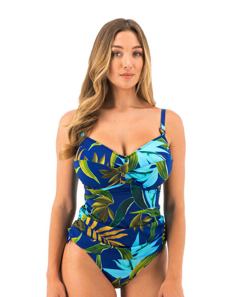 Joli effet twisté sur le devant Bonnets imprimés et corps uni bleu marine Agrafage caché à l’intérieur pour un effet gainant et 