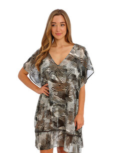 Tunique caftan avec décolleté en V ornée d’un joli détail en point jour échelle noir Mi-longueur